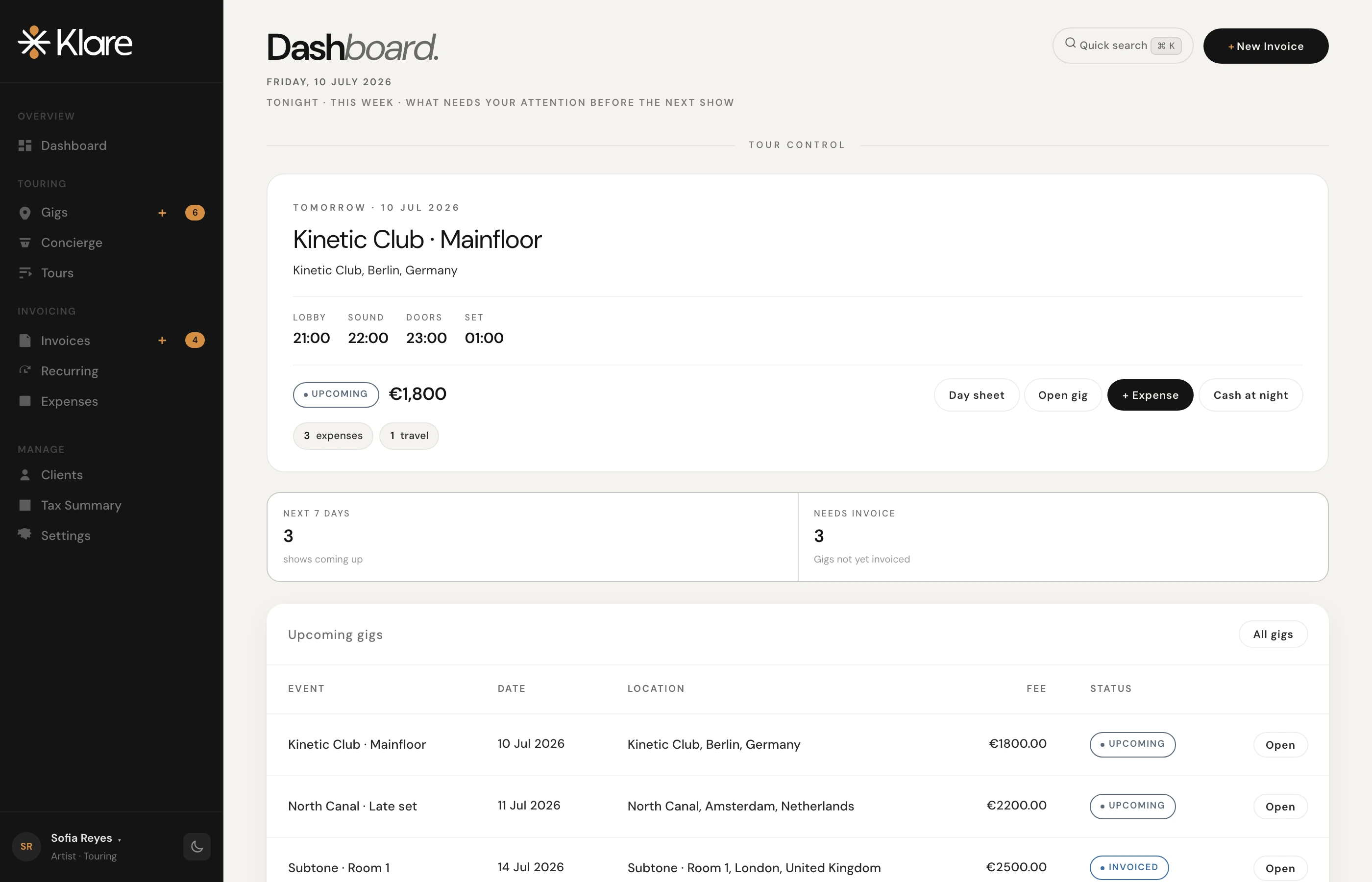 Klare dashboard — Kinetic Club Berlin tonight and the week's upcoming shows