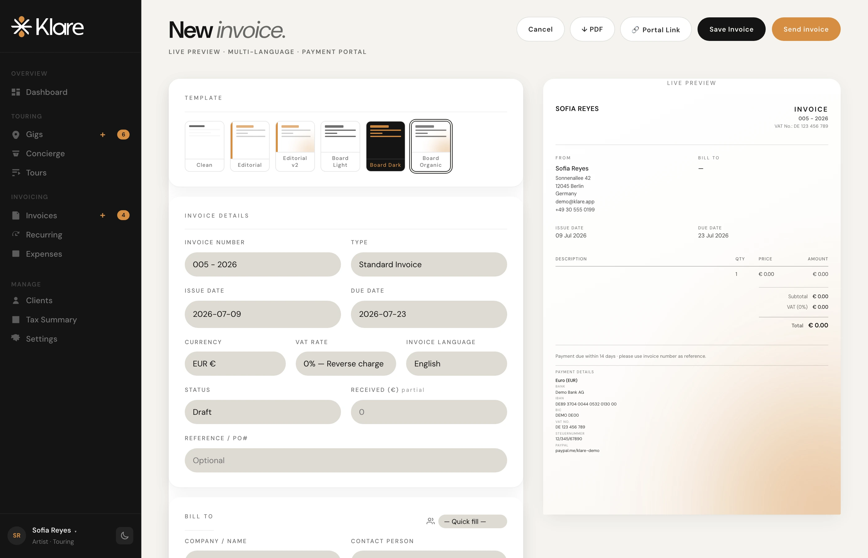 Klare invoice editor with six templates, Editorial selected, and live preview