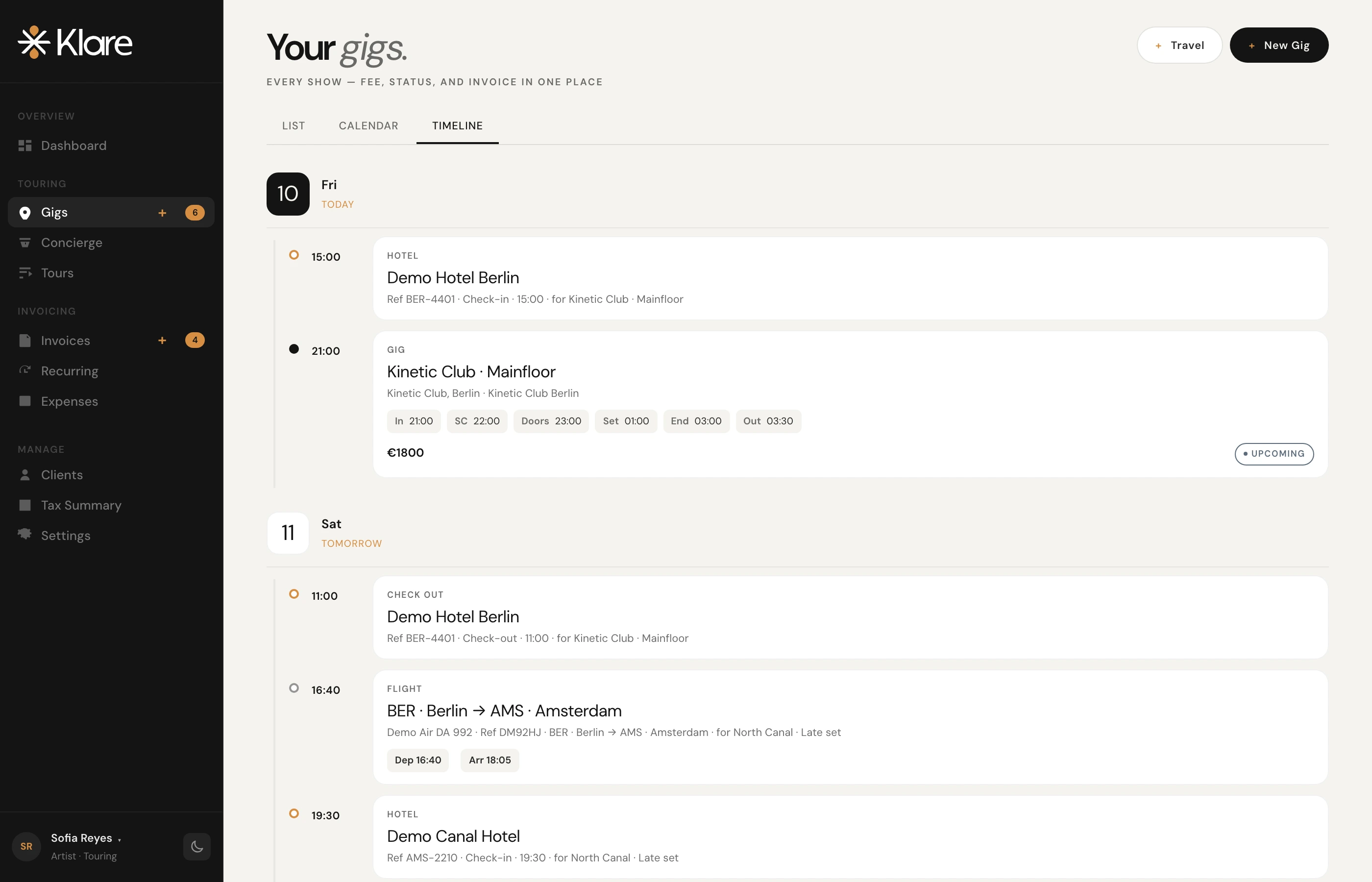 Klare gigs timeline — flights, hotel check-in, gig set times on one run