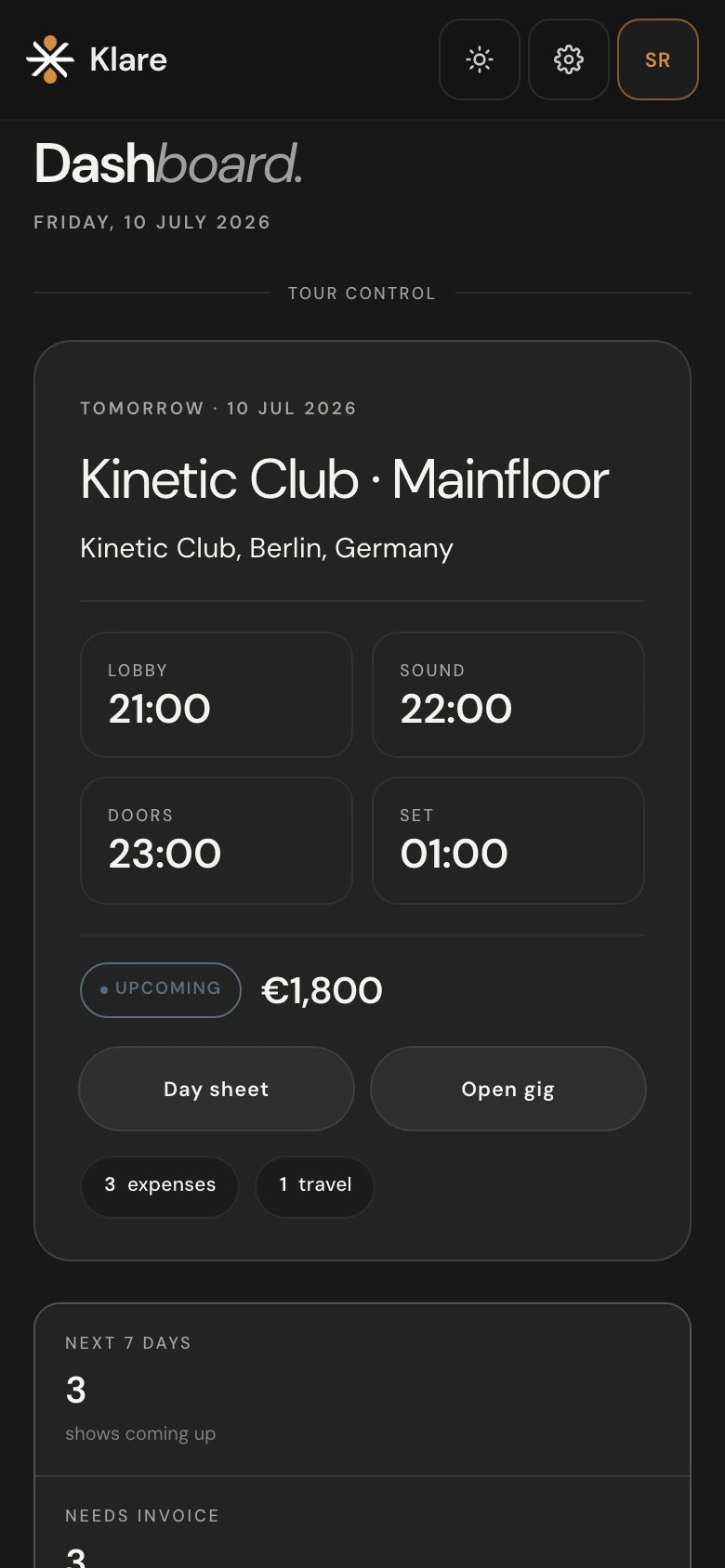 Klare dashboard in dark mode