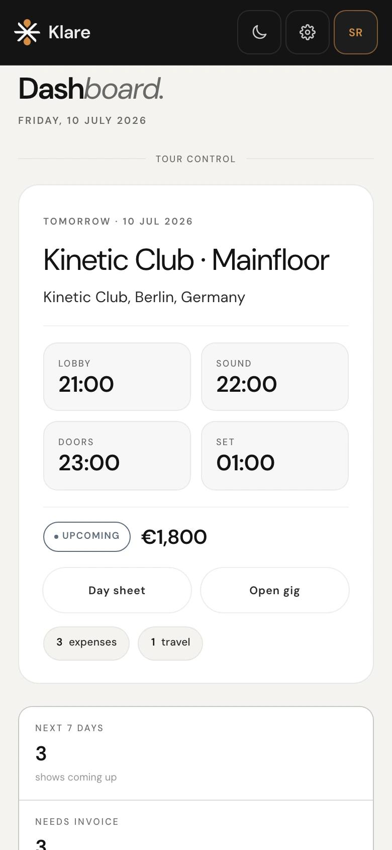 Klare mobile dashboard — Kinetic Club Berlin tonight