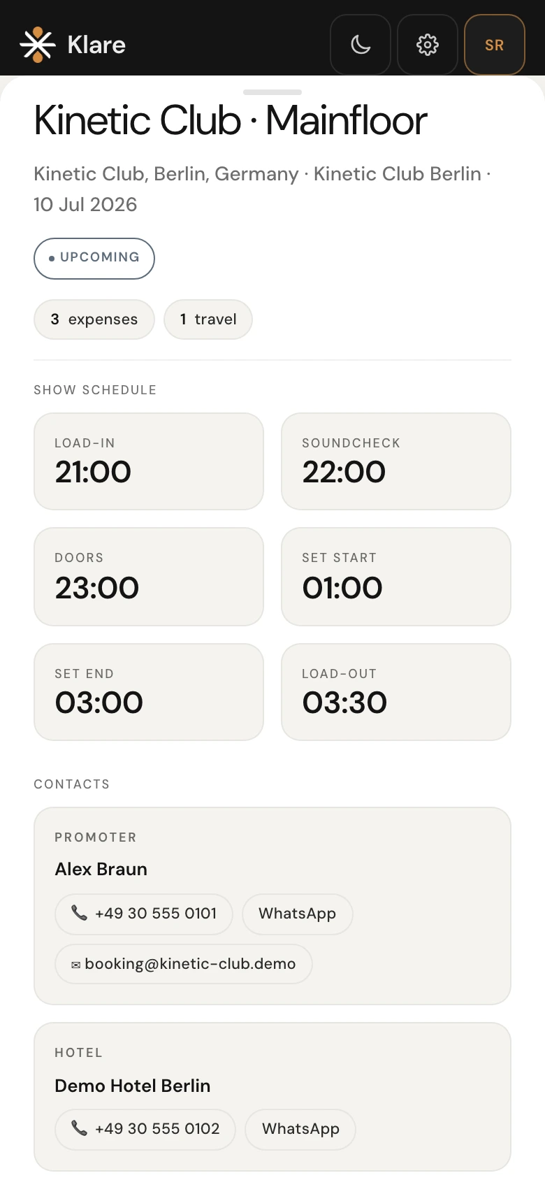 Klare gig detail — schedule, setup notes, contacts