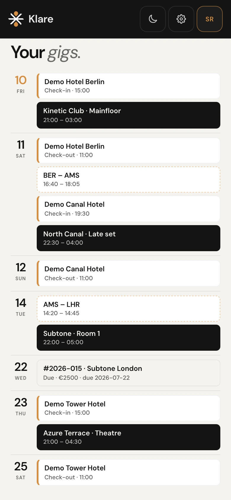 Klare mobile timeline — hotel check-in, flight, gig set times